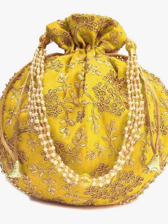 Handmade Handbags - Yellow Embroidered Potli Bag with Pearl Bead Handle